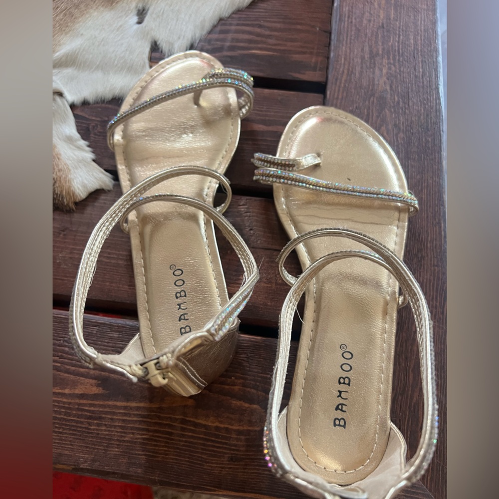 BAMBOO Gold Strappy Rhinestone Sandals